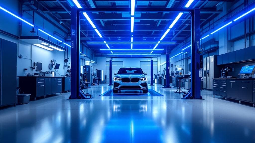 Moderne Kfz-Werkstatt mit blauer Beleuchtung und professioneller Ausstattung
